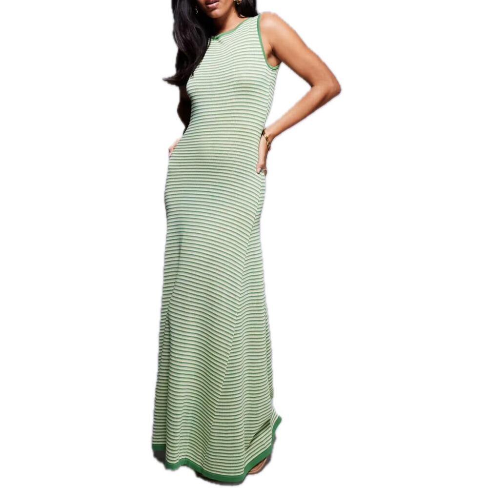 Women's Princess Polly Green Yellow Stripe Knit High Neck Tavison Maxi Dress
